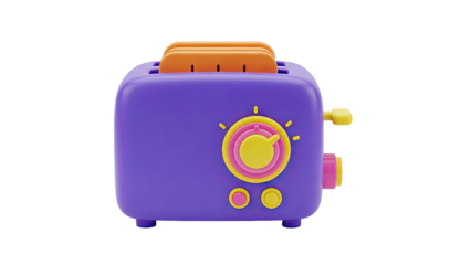 3D Cute purple toaster with orange toast on transparent background
