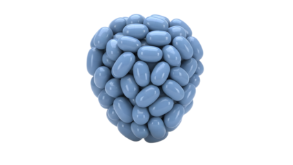3D illustration of a blackberry made of blue capsules on a white background, ideal for health, medicine, and pharmaceutical concepts
