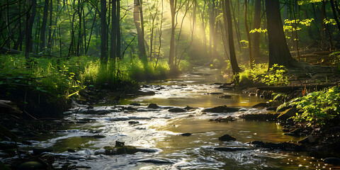 Obraz premium Serene Forest Stream with Sunlight