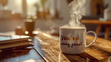 National Compliment Day: a white ceramic mug with gold text "You're doing great" on a rustic wooden table, steam rising from hot coffee, cozy home setting with soft window light