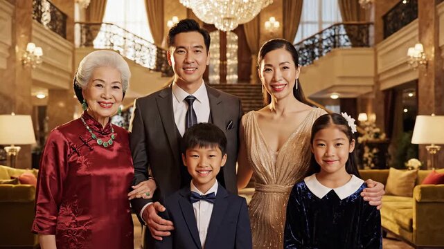 A loving and prosperous multi-generational Asian family poses for a formal portrait in a magnificent and luxurious setting