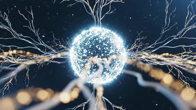 Glowing Neuron Cell with Branches and Synaptic Connections.