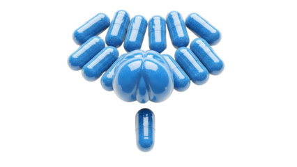 Blue capsules and pill arranged on black background, medicine and healthcare concept, perfect for pharmaceutical and medical presentations