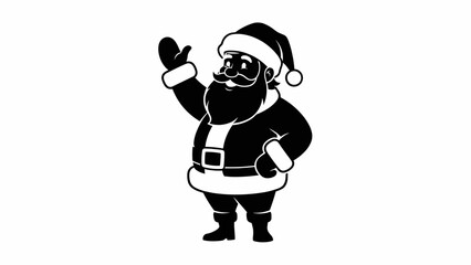 A cartoon Santa Claus waving his hand in a black and white illustration.