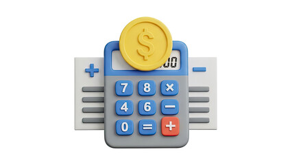 3D Calculator with Coin and Financial Document Icon on transparent background