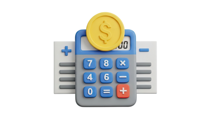 3D Calculator with Coin and Financial Document Icon on transparent background