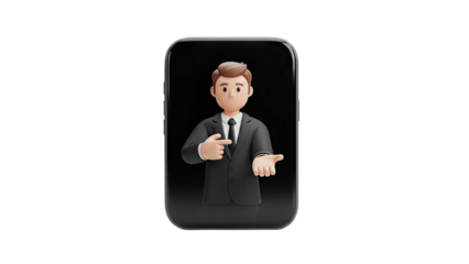3D Cartoon businessman points and presents on smartphone screen on transparent background