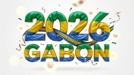shiny gabon 2026 made of 3d folded fabric digits in national flag colors on bright white background luxury 3d festive composition perfect for new year posters cards and social media templates