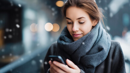 Faceless young beautiful woman using mobile phone surfing net with smartphone on winter day in city, urban technology use, cold weather digital connectivity, defocused person, with copy space