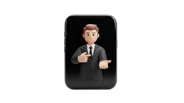 3D Cartoon businessman points and presents on smartphone screen on transparent background - Powered by Adobe