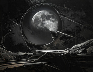 Full Moon Over Dark Ocean Fantasy Landscape