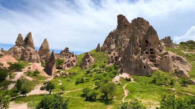 Goreme, Turkey, May 8, 2024: Uchhisar Fortress city. The famous Uchhisar Cave Castle in Cappadocia. The big stone town of Uchkhisar in hot summer weather. 4K