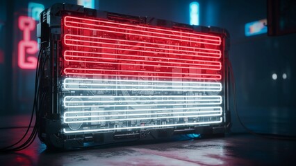 Indonesian Flag Rendered as Glowing Red and White Neon Stripes on a High-Tech Hardware Interface