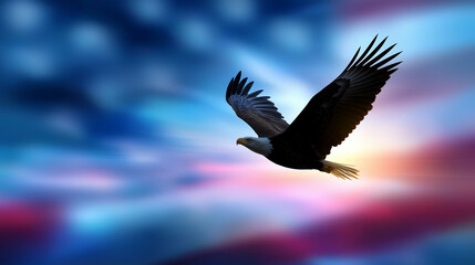 Obraz premium Faceless silhouette of an eagle flying high across a wide sky filled with soft American flag colors, motion blur on wings, symbolic freedom concept, defocused background, with copy