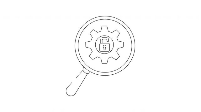 A magnifying glass focuses on a gear with an open padlock at the center depicted in a simple line drawing