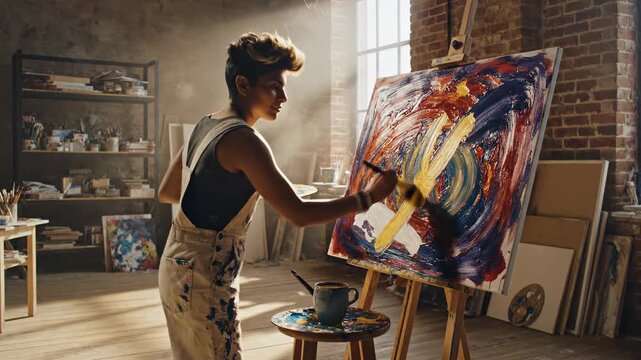 Talented creative artist passionately works on an abstract oil painting, using a large canvas in a sun-drenched loft studio