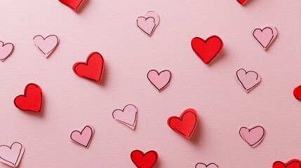 Scattered red and pink paper hearts creating a love and romance pattern