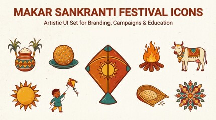 artistic makar sankranti indianepal ui icon set for themed visual design projects ideal for branding campaigns and educational materials