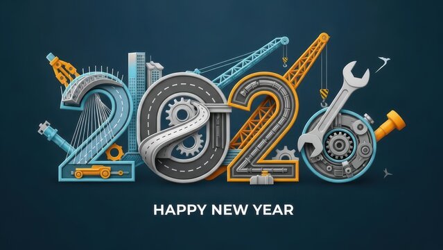 3d 2026 New Year design template on engineering, construction and maintenance theme