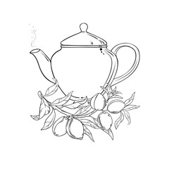 Almond Tea Tea in Teapot aroma beverage Outline Illustration. Vector isolated for Design and Decoration for Cafeteria, Posters, Banners, Cards.
