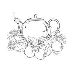 Apple Tea in Teapot aroma beverage Outline Illustration. Vector isolated for Design and Decoration for Cafeteria, Posters, Banners, Cards.