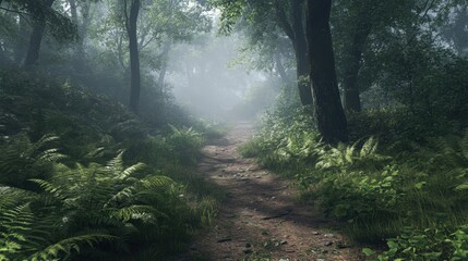 Misty forest path with lush greenery and trees