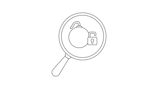 Line art shows a magnifying glass highlighting a bomb and an unlocked padlock