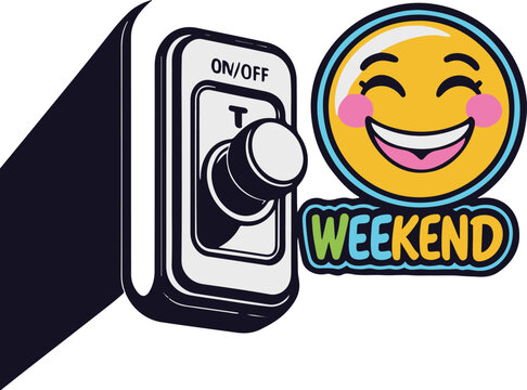 ON OFF switch flipped to weekend mode with happy face, lifestyle humor sticker, flat vector style, thick outline, transparent background 1.