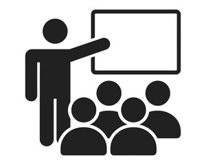 Training Seminar Icon, Flat Vector Illustration Representing Professional Workshop, Employee Learning, Educational Session, Corporate Training, Presentation, Skill Development, Knowledge Sharing, Busi