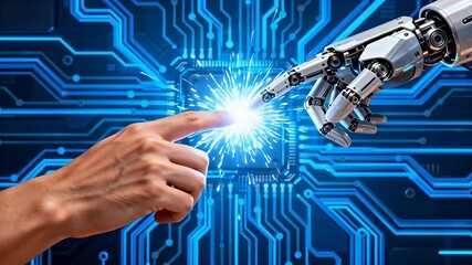 Human hand and robotic arm touching - Powered by Adobe