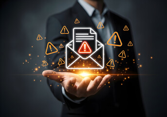 Spam concept showing a businessman holding a glowing envelope with warning icons representing junk mail phishing scam alert email risk data protection and cybersecurity awareness 
