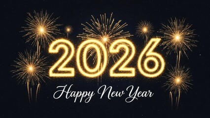 Happy New Year celebration night, Golden fireworks burst 2026 numbers on dark background