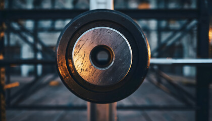 Close up of a heavy barbell weight plate with metallic texture and reflective surface in a dimly lit industrial gym setting focused on strength training and fitness equipment