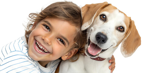 Close-up portrait of a smiling child and a dog together, both looking at the camera. Emotional connection and friendship isolated on transparent background.
