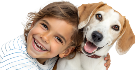 Close-up portrait of a smiling child and a dog together, both looking at the camera. Emotional connection and friendship isolated on transparent background.