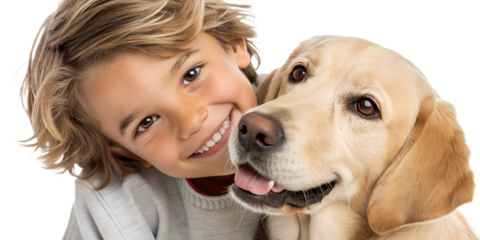Close-up portrait of a smiling child and a dog together, both looking at the camera. Emotional connection and friendship isolated on transparent background.