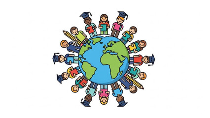 Diverse group of children holding hands around the world symbolizing global unity and education