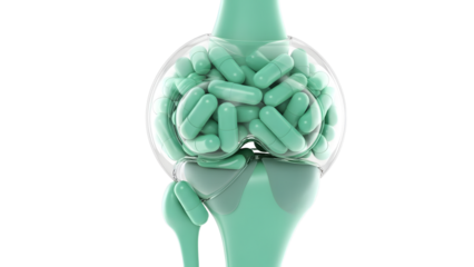 3D illustration of knee joint filled with green pills capsules representing joint pain relief medication, perfect for medical and health content