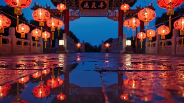 Illuminated red lanterns lining stone bridge night. Traditional Chinese gate background wet ground reflection. Chinese New Year celebration