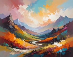 Vibrant abstract landscape painting, mountain valley scene, colorful sky