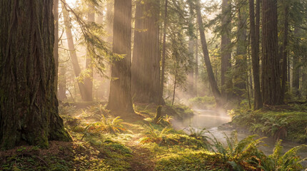 Obraz premium Sunlight filtering through tall trees in a serene forest, creating a magical atmosphere. This image captures the essence of winter, showcasing peace and tranquility in a natural setting.