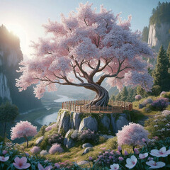 絶壁の展望台に咲き誇る孤高の巨大桜と渓谷の絶景