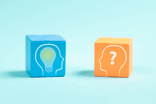 Question mark and light bulb mind, connecting knowledge and wisdom, confusion and clarity, brain ask for answer, brainstorming, overthinking