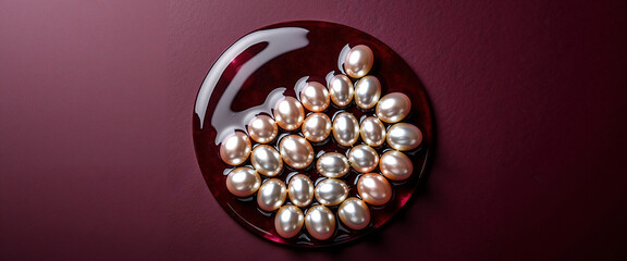 Iridescent pearl beads arranged on a velvet purple background  