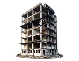 Isolated, a demolished multi-story structure serves as a memorial to devastation, cut out
