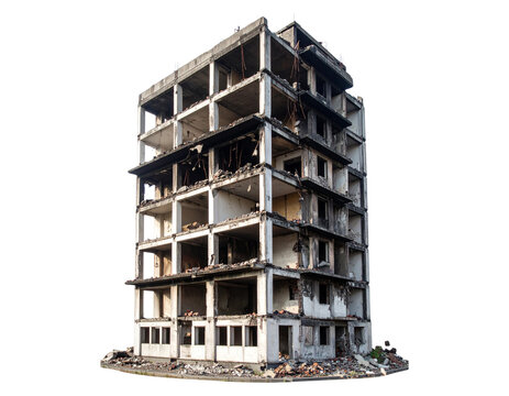 Isolated, a demolished multi-story structure serves as a memorial to devastation, cut out