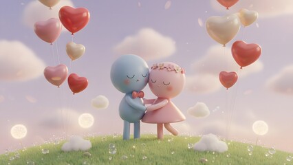 Cute 3D balloon style couple hugging on green hill with floating heart balloons in pastel sky