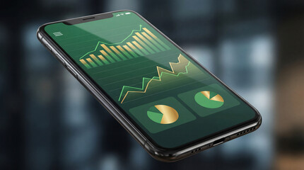 Smartphone displaying analytical data graphs and pie charts. This image illustrates concepts of financial tracking, data analysis, and modern technology.