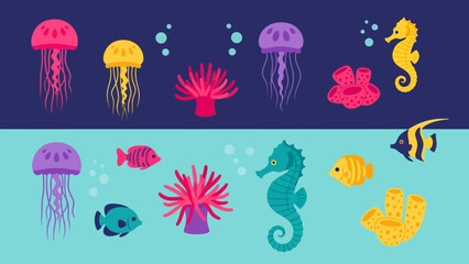 Colorful collection of marine life and underwater creatures against a dark and light blue background © Abhinaya Project