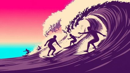 Surfers riding a colossal wave under a gradient sky, illustrating the exhilarating thrill of surfing and extreme sports © Abhinaya Project